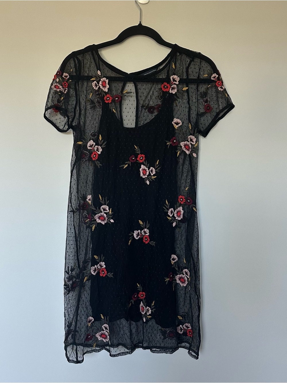 American Eagle Black Floral Embroidered Sheer Mesh Mini Dress Lined Boho Small
